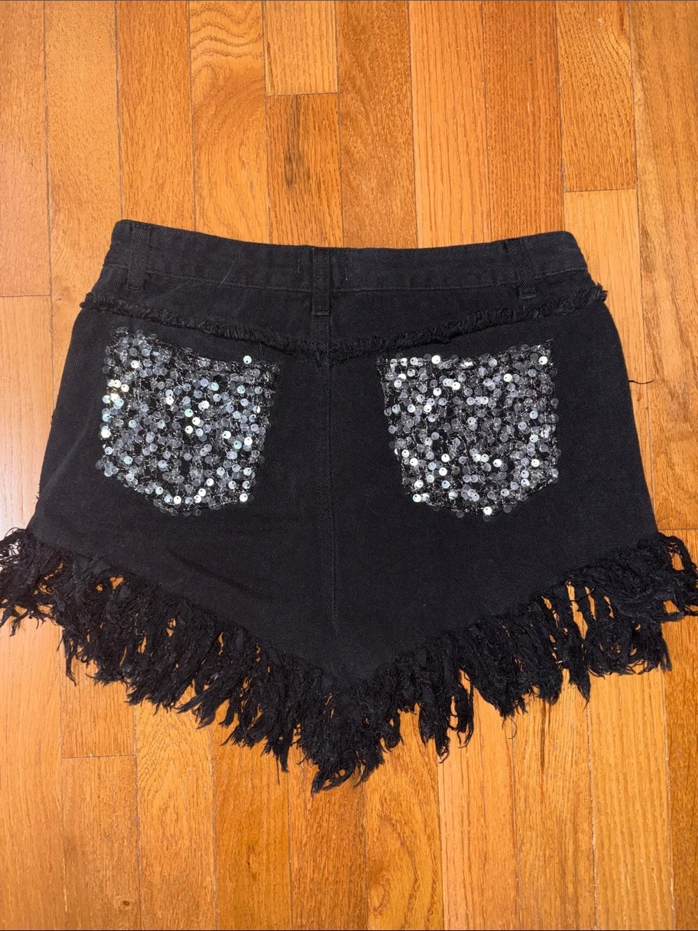 POL Black Sequin Fringe Denim Shorts M Distressed Festival Western Cowgirl